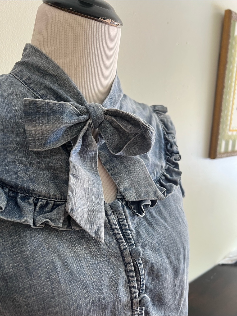 Stetson Denim Ruffle Tie-Neck Blouse - Blue - Picture 2 of 4